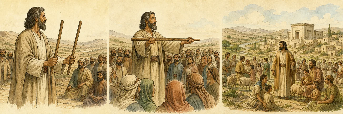 Two sticks become one in one plate: Two sticks joined into one; One gathered people cleansed in the land; One shepherd-ruler over them all; Covenant of peace sanctuary among them.