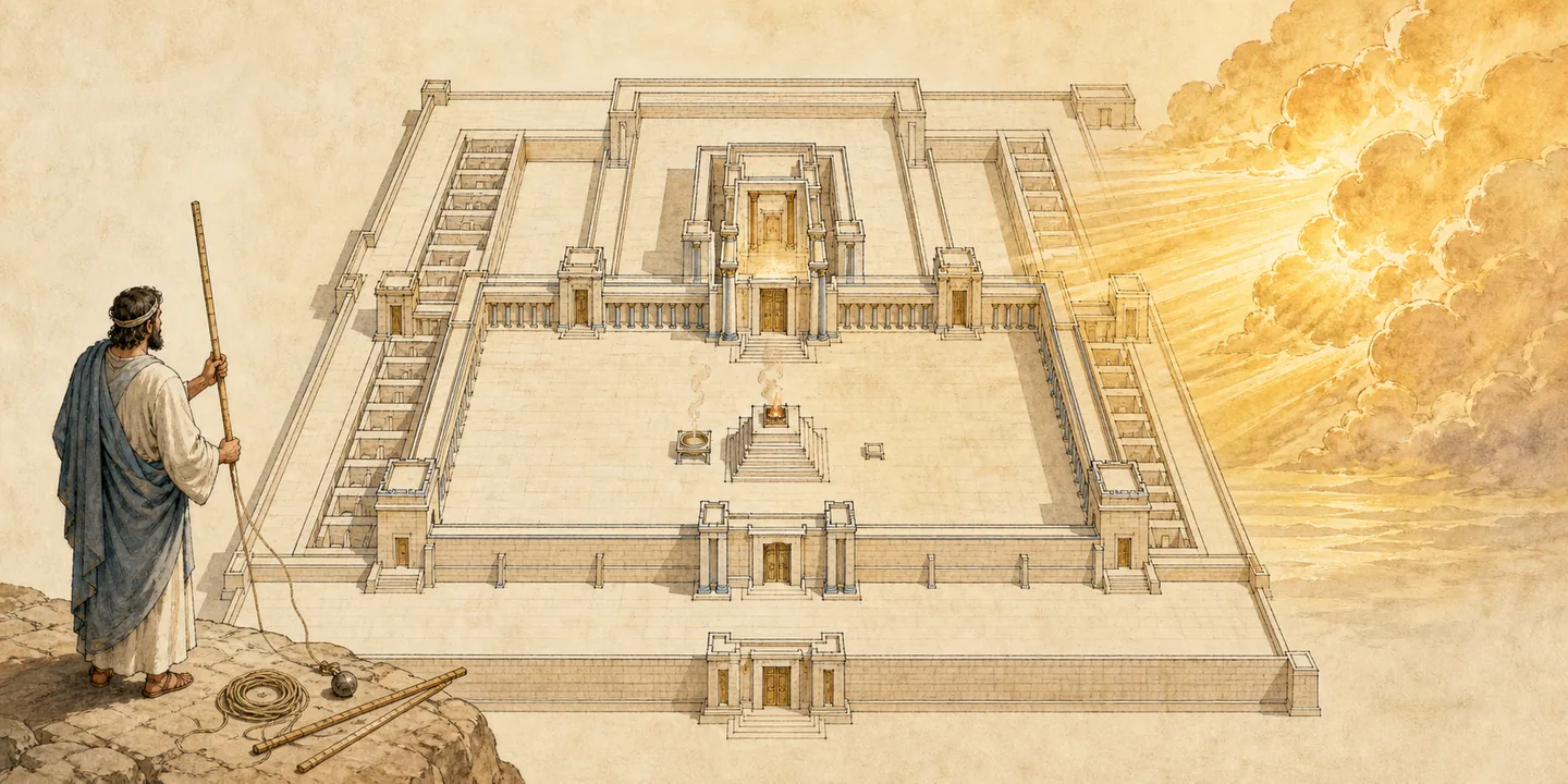 The measured temple & returning glory in one plate: Bronze-like guide with cord and measuring reed; Gates, courts and rooms measured throughout; Glory approaches from the east; The temple’s law and its holy boundary; The altar measured and consecrated.