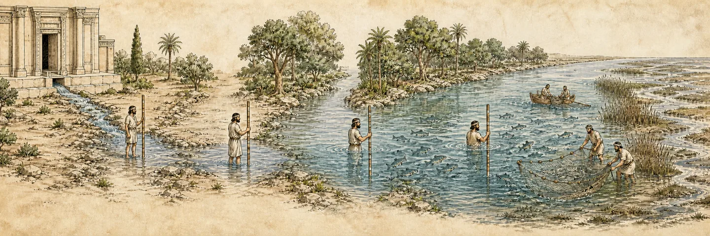The river from the temple in one plate: Water flows east from beneath the threshold; Four measurements ankles to uncrossable water; Trees, healed water and many kinds of fish; Marshes remain salty fruit trees line both banks.