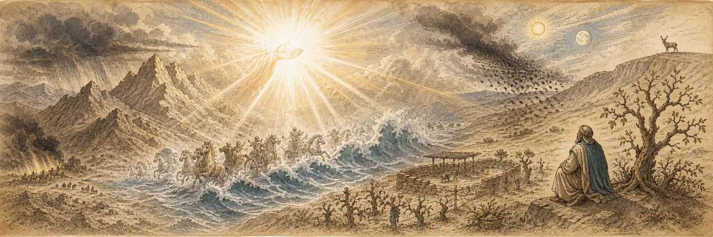 Theophany and steadfast joy in one plate: Radiant glory advances from Teman and Paran; Mountains tremble horses and chariots cross the sea; The prophet waits in trembling; Joy remains when fields and flocks fail.