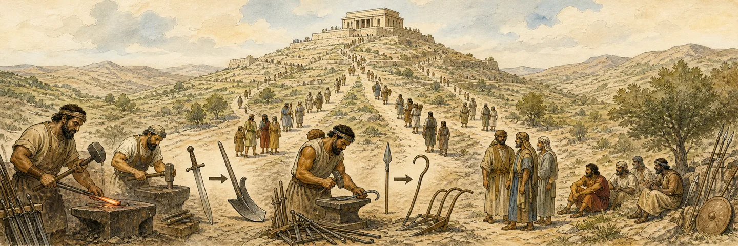 The mountain of instruction in one plate: The LORD’s house raised above the hills; Many peoples seek instruction and his paths; Swords and spears reshaped into farm tools.