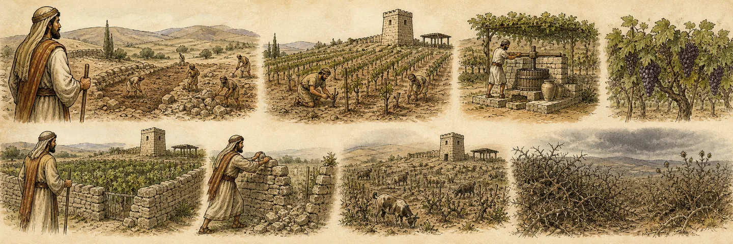The song of the vineyard in one plate: Fertile hill cleared choice vines, tower and winepress; Only wild grapes despite careful tending; Hedge and wall removed briers grow and rain is withheld; The vineyard identified as Israel and Judah.