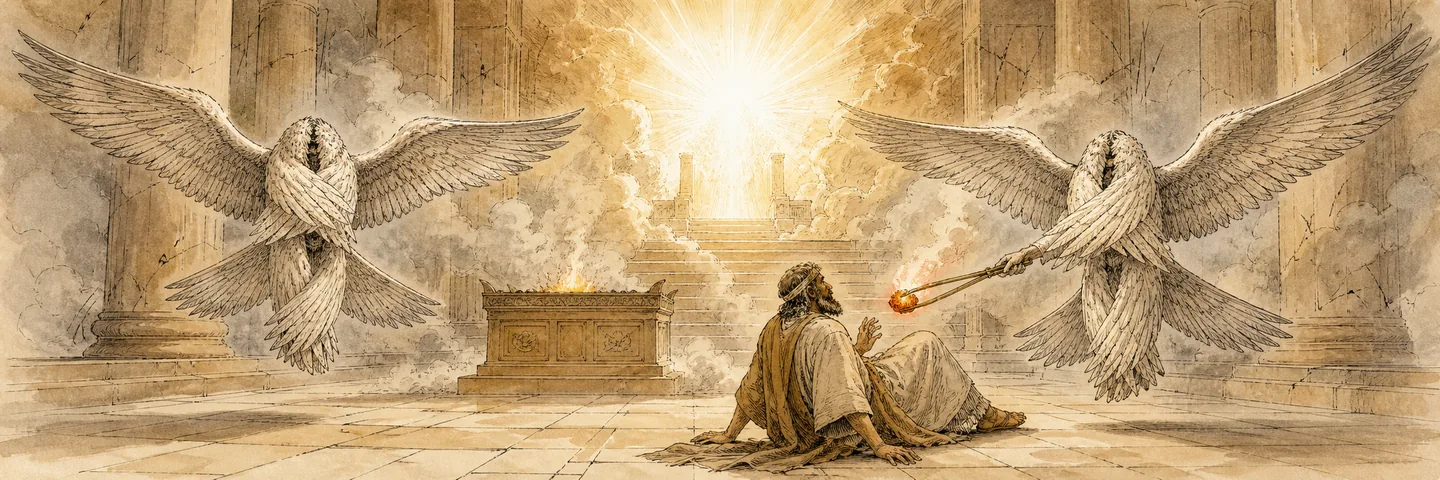 The throne, seraphim & coal in one plate: High throne and temple seraphim with six wings each; Isaiah confesses unclean lips; A coal from the altar touches his lips; Sent with a message until the land is desolate.