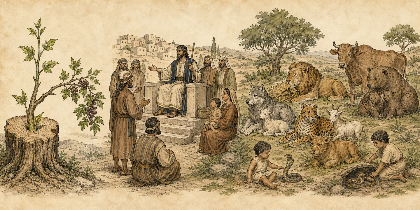 The shoot and the peaceable kingdom in one plate: A shoot from Jesse judges with righteousness; Predators and prey feed and rest together; Children are safe near serpent dens; The root of Jesse stands for the peoples.