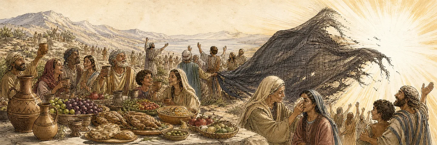 The feast and the removed shroud in one plate: A rich feast for all peoples on the mountain; The covering removed death swallowed forever; Tears wiped away reproach taken away; The people rejoice in the LORD’s salvation.