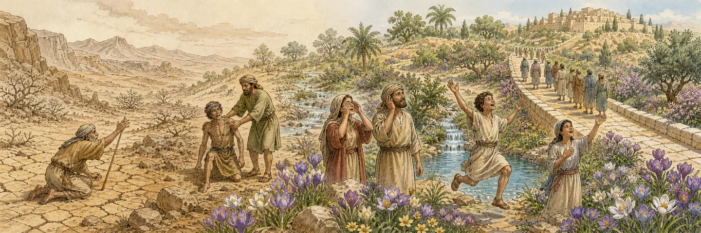 The desert blooms in one plate: Wilderness and desert blossom abundantly; Weak strengthened blind, deaf, lame and mute restored; Streams and pools appear in dry ground; A holy way brings the ransomed to Zion.