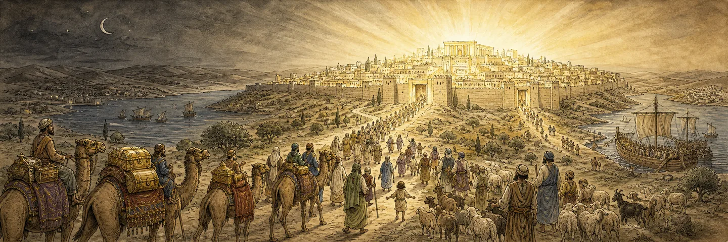 Light for the nations in one plate: Light rises over Zion nations come to its brightness; Children return camels, ships and flocks arrive; Gates remain open nations bring their wealth; Peace replaces violence salvation surrounds the city; The LORD is an everlasting light.