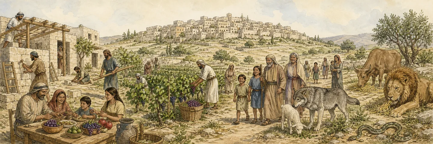 New creation and long life in one plate: New heavens and earth Jerusalem created for joy; Long life houses and vineyards enjoyed; The answer comes before the call is finished; Wolf and lamb feed together none hurt or destroy.