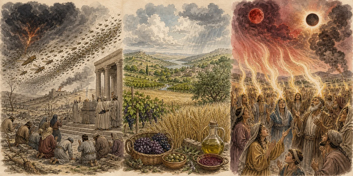 The day, restoration & poured-out Spirit in one plate: Darkness and fire an ordered locust army advances; Return wholeheartedly assemble priests and people; Rain, grain, wine and oil restore the land; Spirit poured out on all kinds of people; Sun, moon and smoke before the great day.