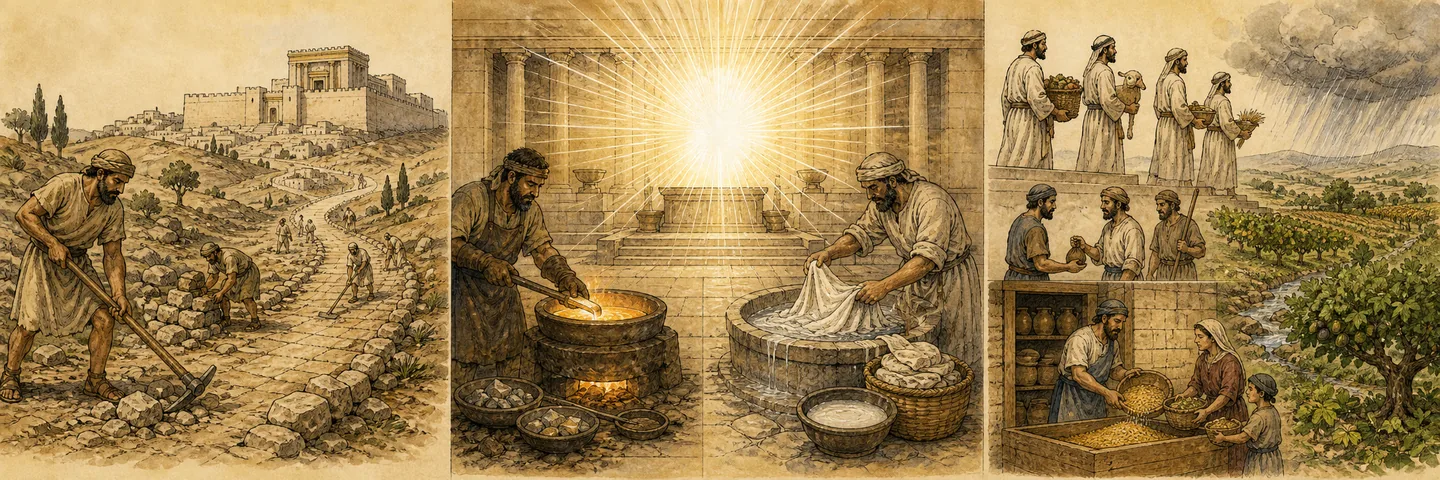 Messenger, refiner & storehouse in one plate: A messenger prepares the way; Refiner’s fire and fuller’s soap; Judgment for oppression fraud and injustice; Tithes enter the storehouse rain blesses the land.
