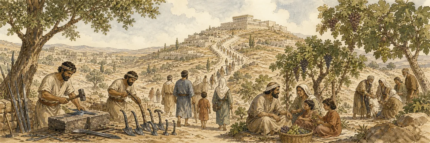 Mountain, peace & gathered remnant in one plate: Peoples stream to the mountain for instruction; Weapons become farm tools war is no longer learned; Each sits safely under vine and fig tree; The lame and outcast gathered into a remnant.