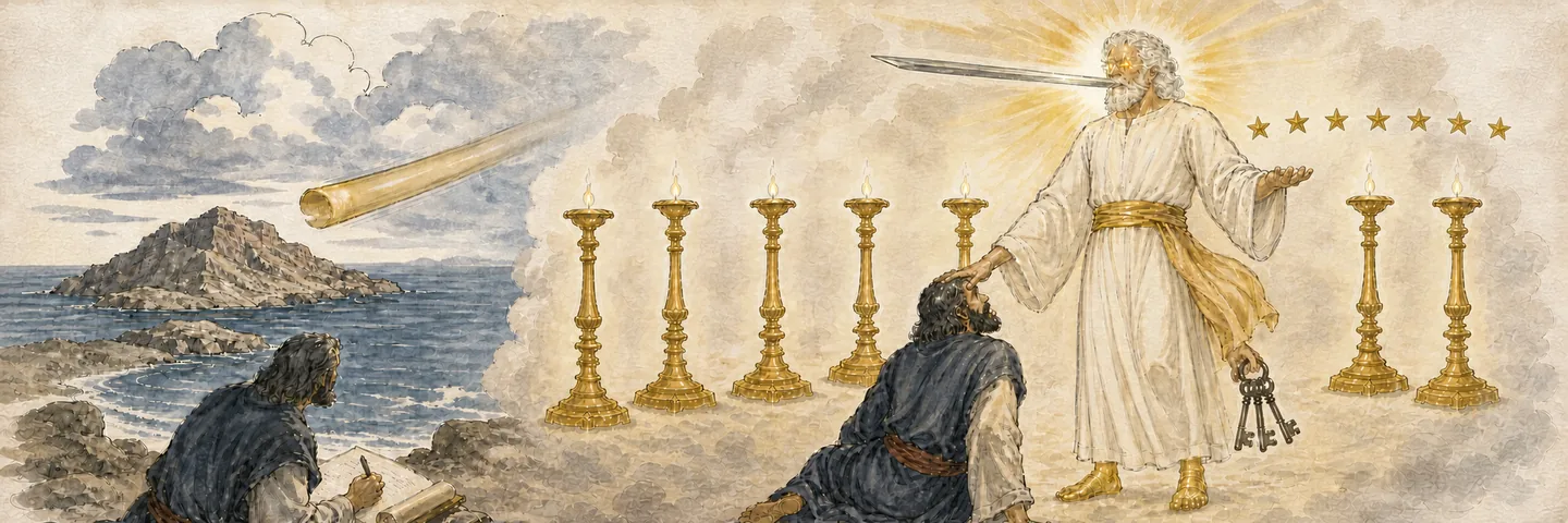 The seven lampstands in one plate: The revelation sent John on Patmos; Seven lampstands and the radiant figure; John falls the right hand touches him; Stars and lampstands the mystery explained.