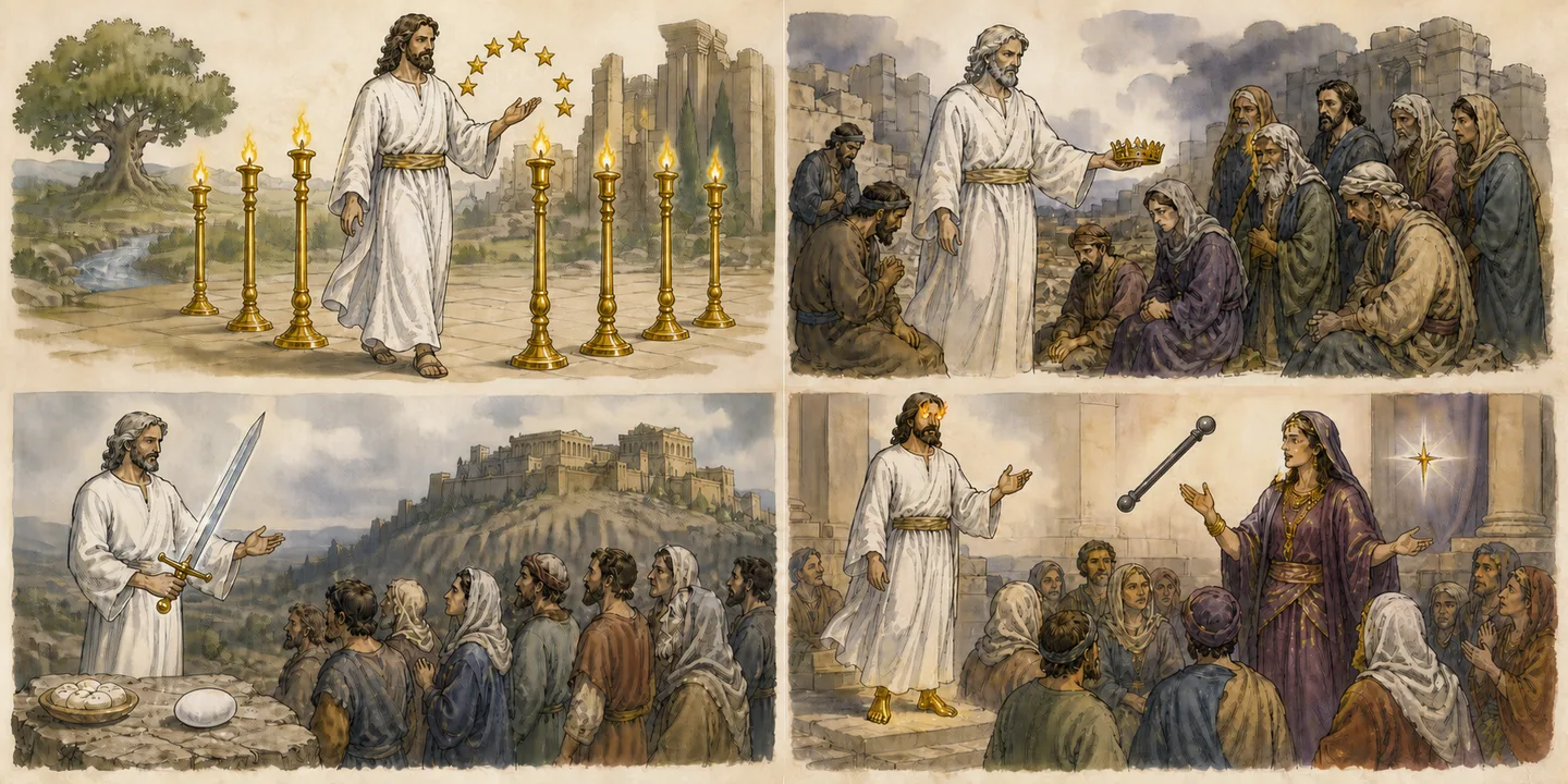 Letters to four churches in one plate: Ephesus first love and tree of life; Smyrna suffering and crown of life; Pergamum sword, manna and white stone; Thyatira flaming eyes and morning star.