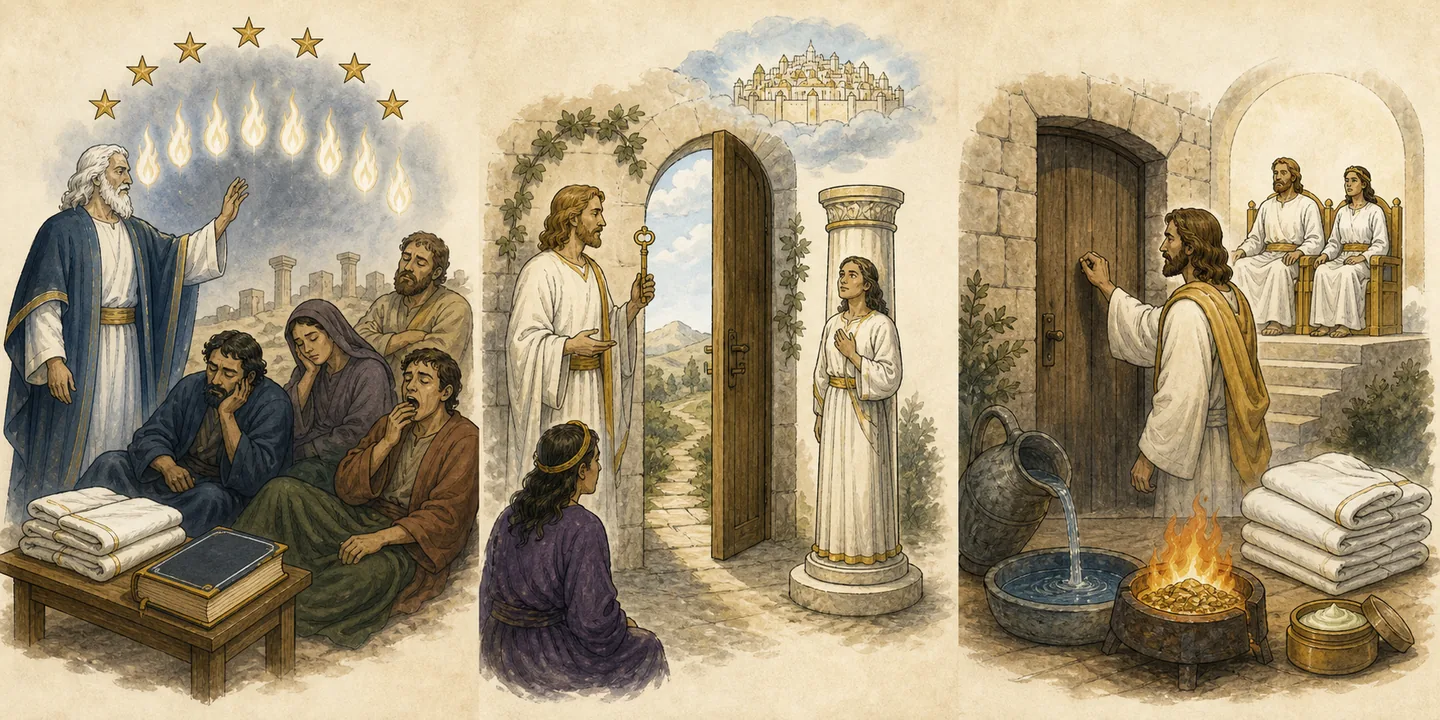 Letters to three churches in one plate: Sardis wake and strengthen; Philadelphia the key and open door; Laodicea lukewarm water and the knock.
