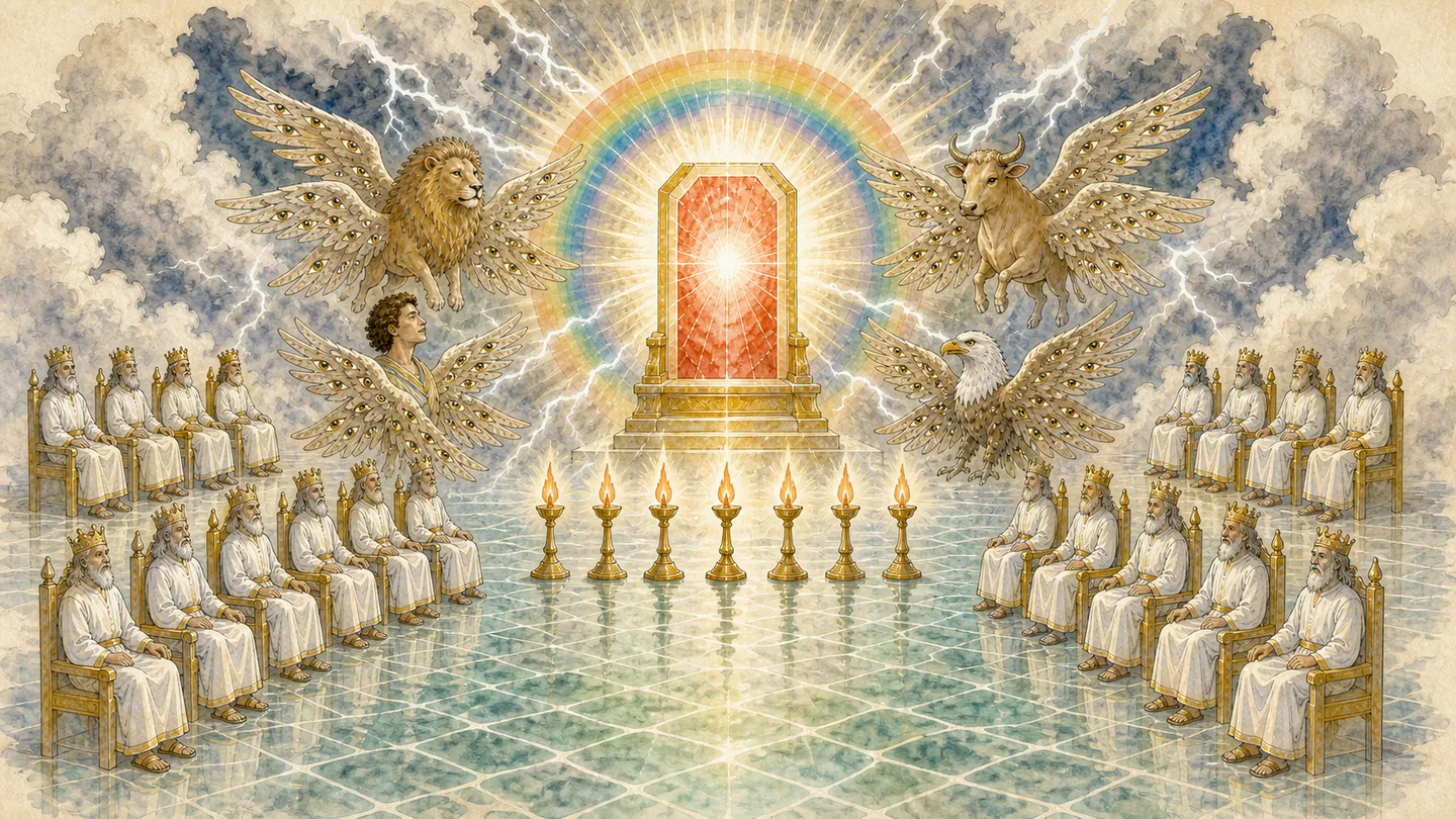 The throne and the living creatures in one plate: Open door and throne rainbow like emerald; Twenty-four elders seven burning lamps; Glassy sea four living creatures; Worship without ceasing crowns before the throne.
