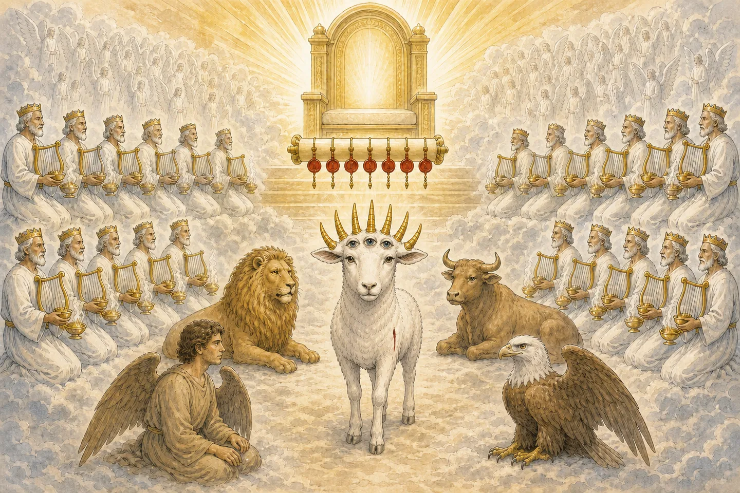 The sealed scroll and the Lamb in one plate: The scroll sealed seven times; The Lion announced the Lamb stands; Harps and incense a new song; Angels and creation worship the Lamb.