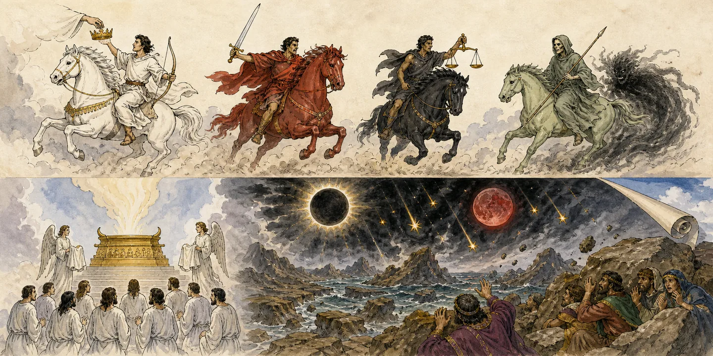 The four riders in one plate: White horse bow and crown; Red horse peace removed; Black horse scales and prices; Pale horse Death and Hades; Souls under the altar white robes and waiting; Earthquake and darkened sky people hide among rocks.