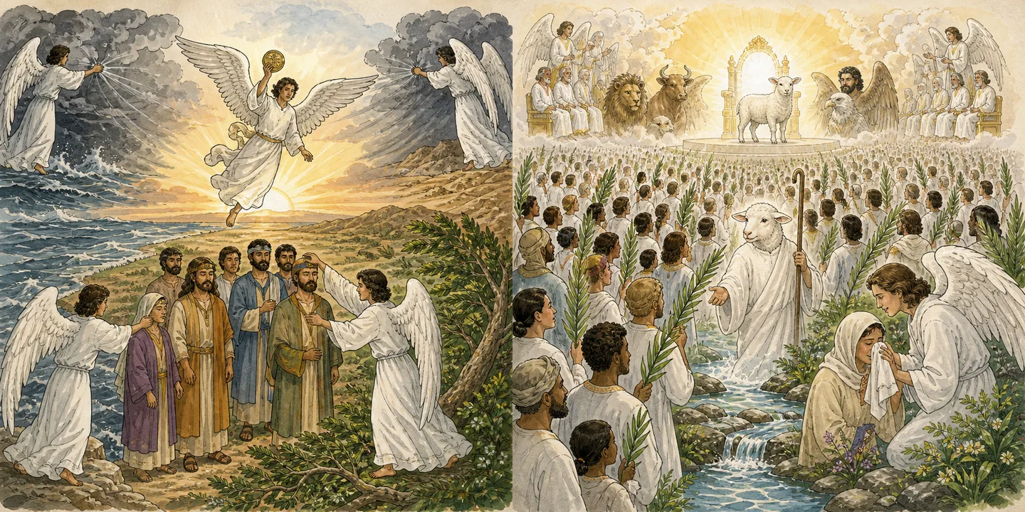 The sealed and the great multitude in one plate: Four winds held the living God’s seal; Twelve tribes the number sealed; Every nation and people white robes and palms; The Lamb shepherds God wipes every tear.