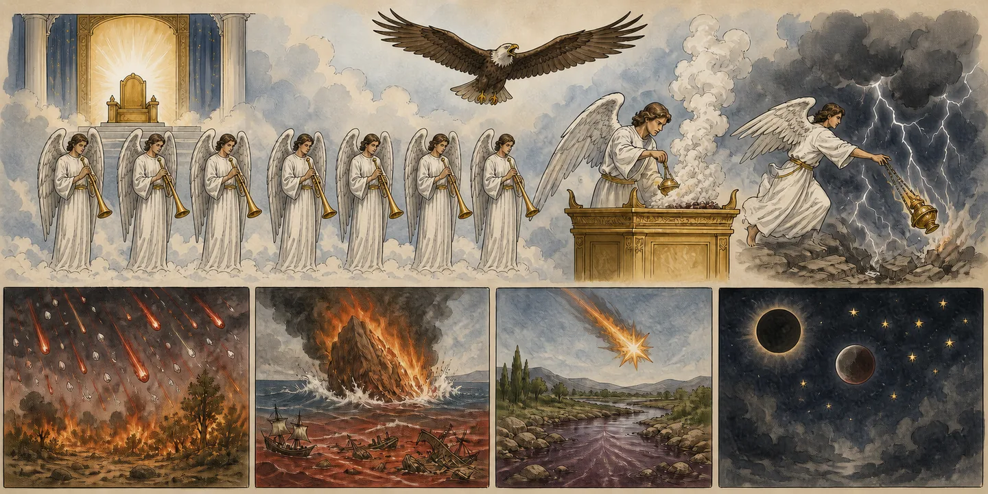 The first four trumpets in one plate: Silence in heaven seven trumpets given; Incense and prayers the censer cast down; First and second trumpets earth and sea struck; Third and fourth trumpets Wormwood, darkness and woe.