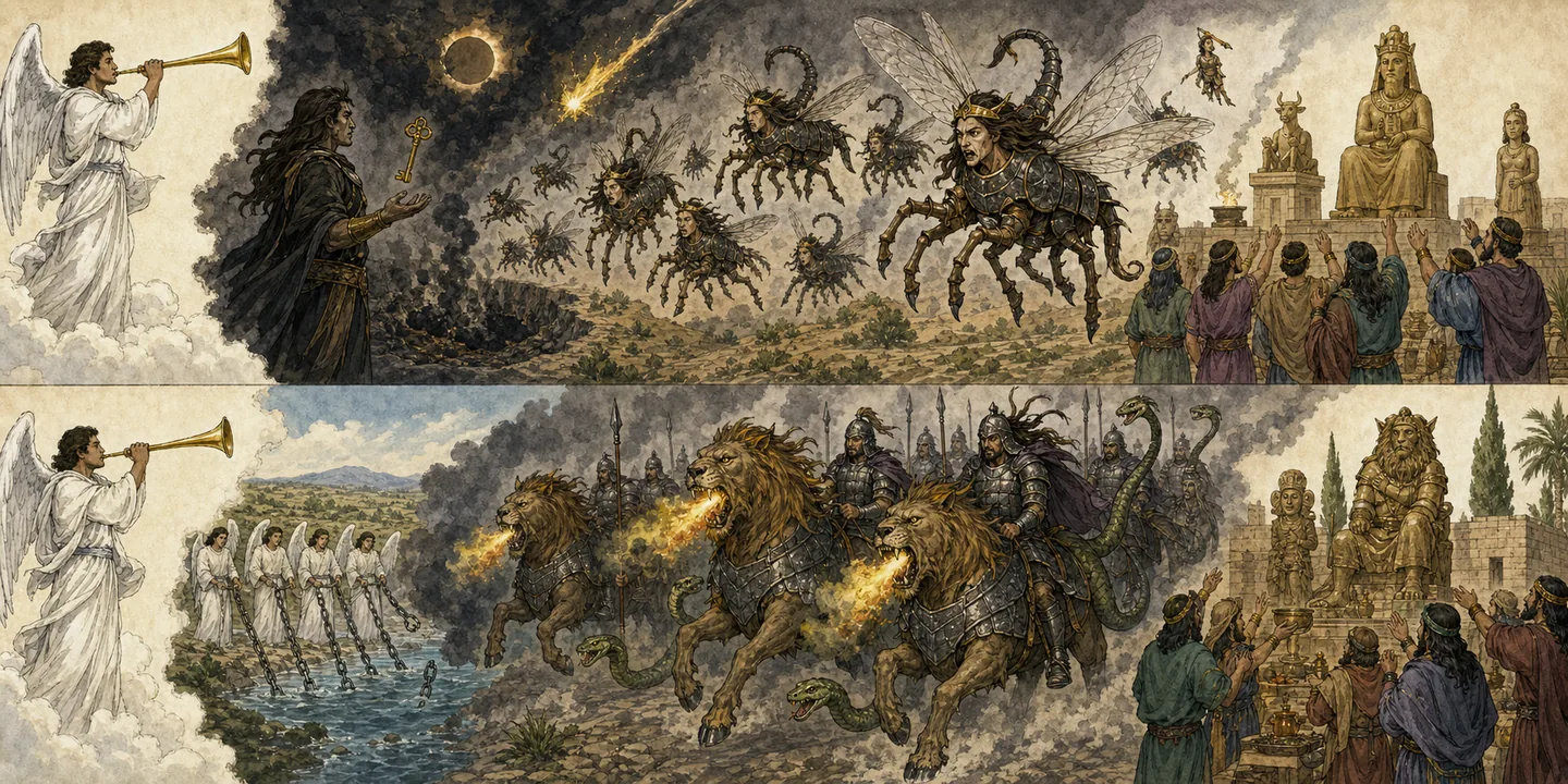 The locusts from the abyss in one plate: Abyss opened smoke and locusts; War-like locusts the angel of the abyss; Four angels released the mounted host; The survivors do not repent.