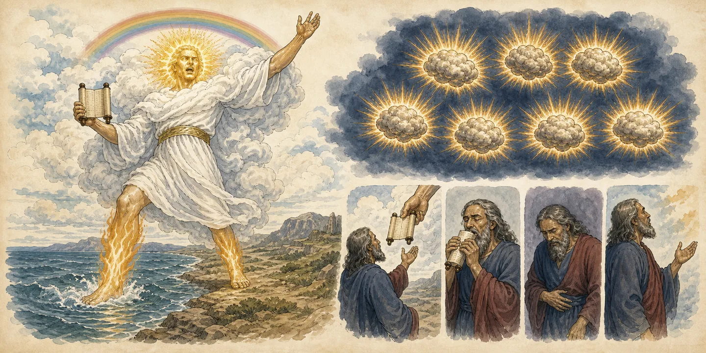 The angel and the little scroll in one plate: Cloud, rainbow sea and land beneath his feet; Seven thunders sealed the raised-hand oath; The little scroll sweet and bitter; Prophesy again.