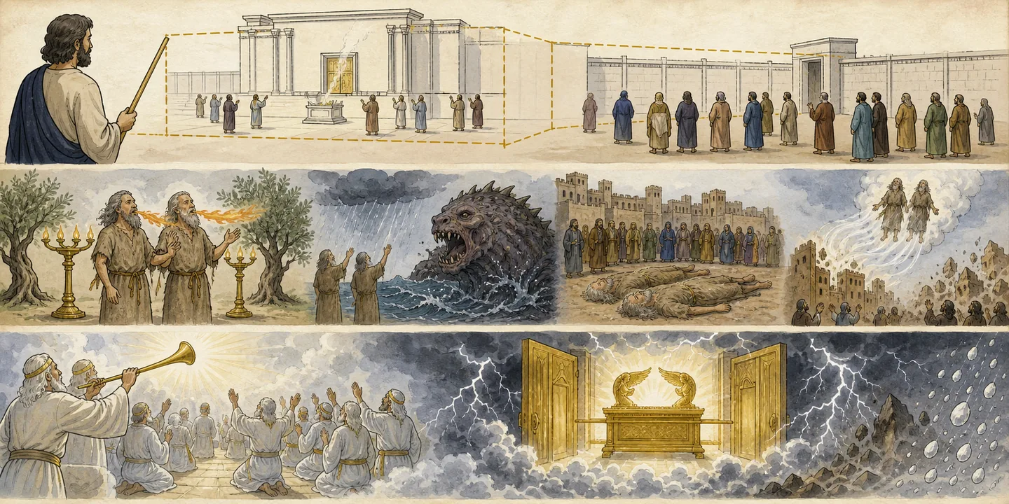 The two witnesses in one plate: Measure sanctuary altar and worshipers; Two witnesses death, breath and ascent; The seventh trumpet the elders worship; The sanctuary opened the covenant ark appears.