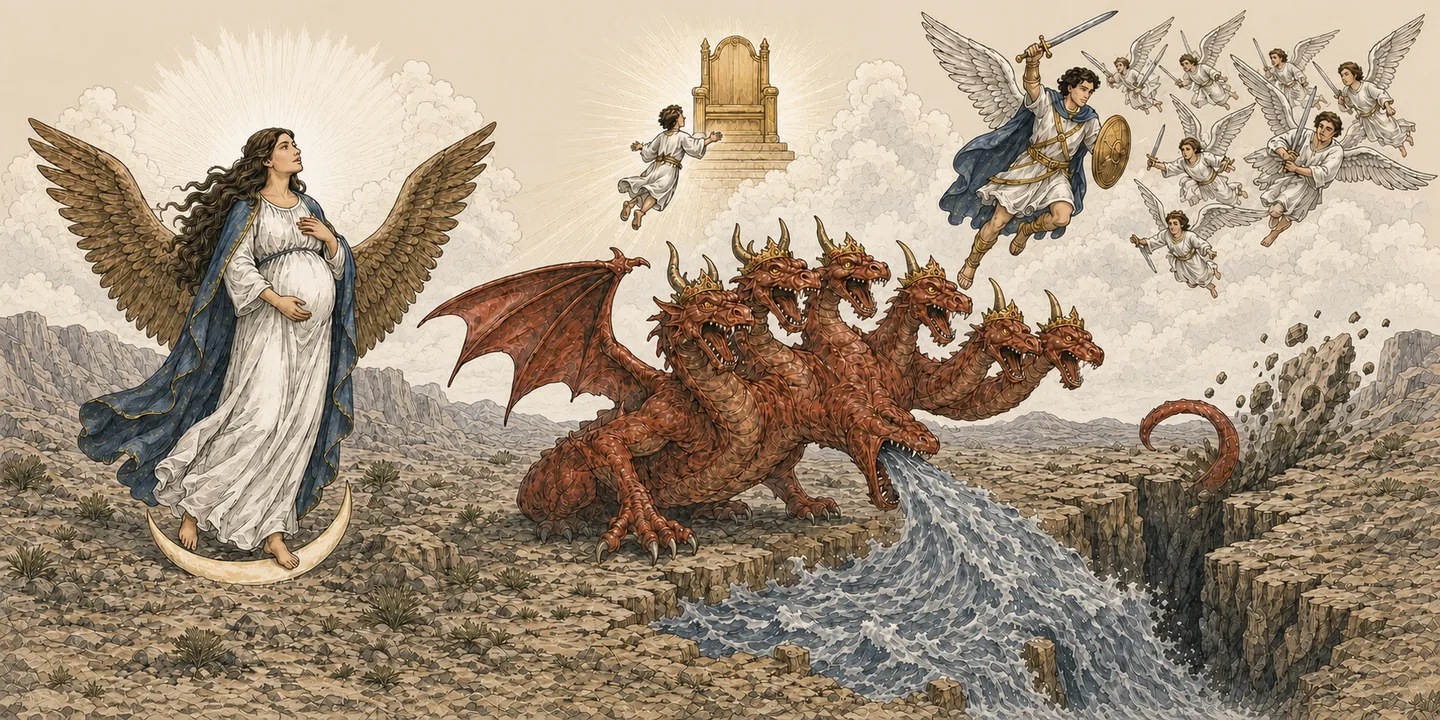 The woman and the dragon in one plate: Woman, dragon and the male child; Michael fights the dragon cast down; Wings and flood the earth helps the woman; War on her offspring.