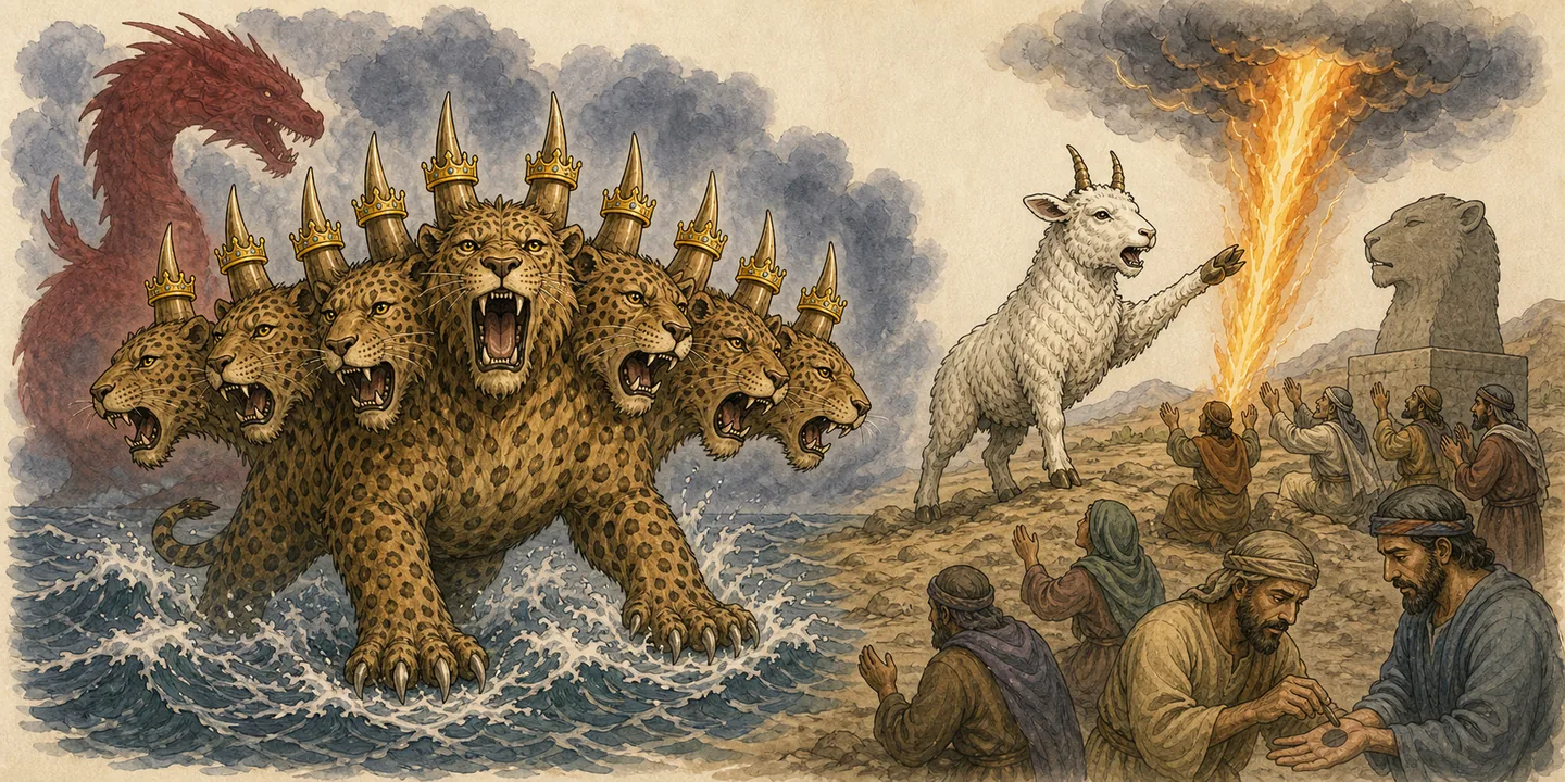 The two beasts in one plate: Sea beast seven heads and ten horns; Authority and war the earth marvels; Earth beast signs and the image; The mark and the number.