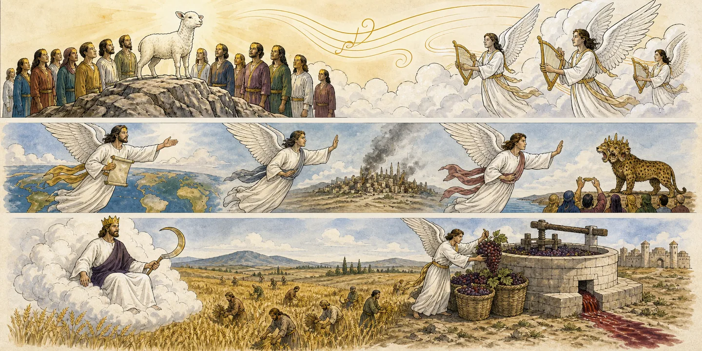The three angels and the harvests in one plate: The Lamb on Zion the sealed company sings; Three angels good news and warnings; The earth reaped by the cloud rider; The vine gathered the great winepress.
