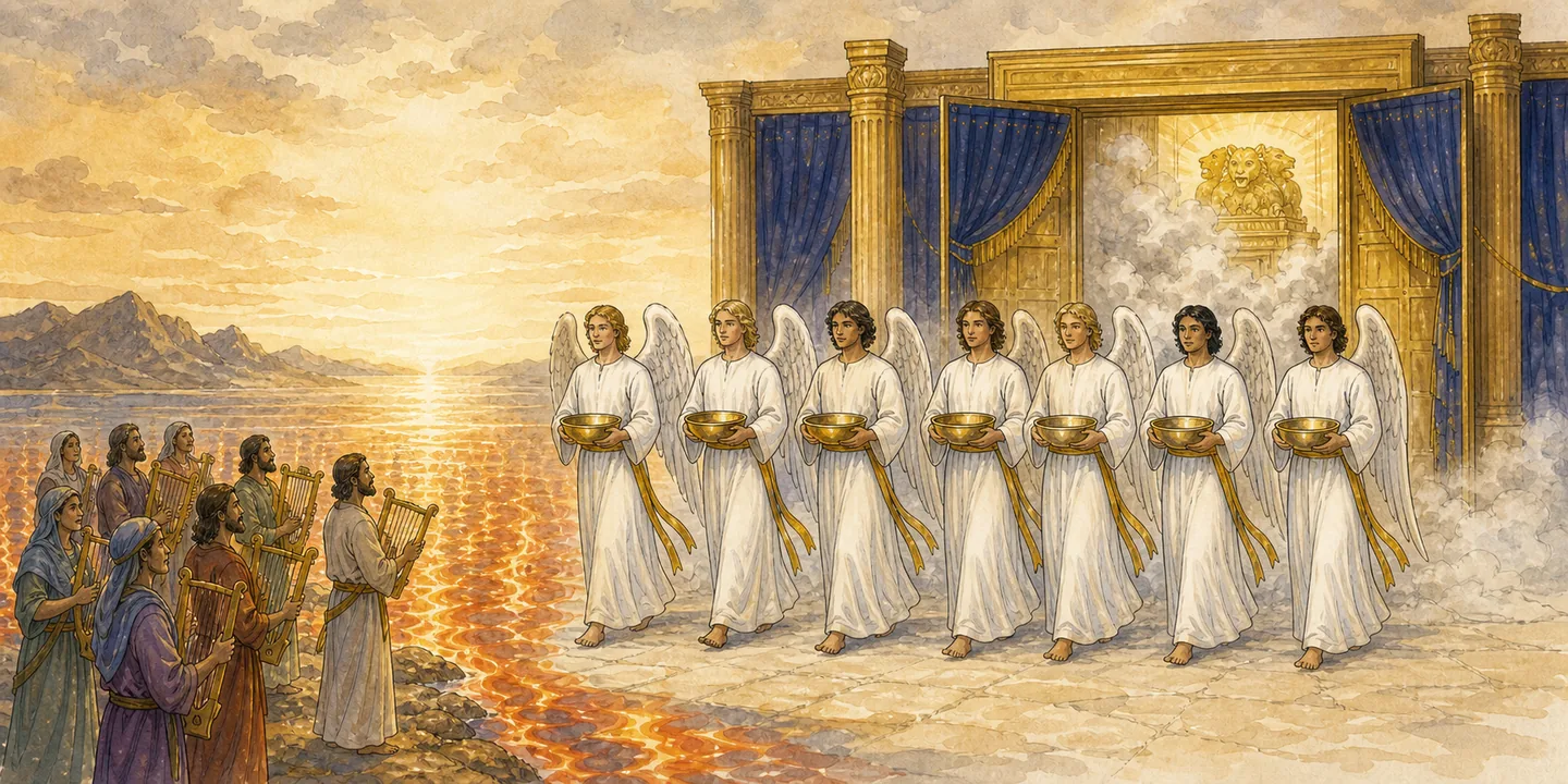 The sea of glass and the seven bowls in one plate: Victors by the glassy sea harps and song; The sanctuary opens; Seven angels emerge bright linen and gold sashes; Seven bowls given the sanctuary fills with smoke.