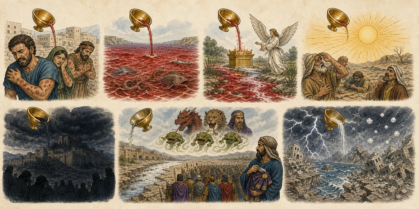 The bowls and Armageddon in one plate: First bowl painful sores; Second bowl the sea struck; Third bowl rivers and springs; Fourth bowl the scorching sun; Fifth bowl the beast’s throne darkened; Sixth bowl Euphrates and Armageddon; Seventh bowl earthquake and hail.