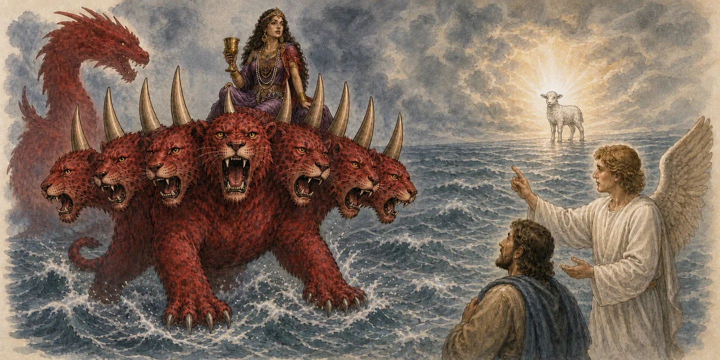 The woman on the scarlet beast in one plate: Woman on many waters purple, scarlet and gold; The beast’s mystery explained by the angel; Ten horns war against the Lamb; Waters and woman the horns turn against her.