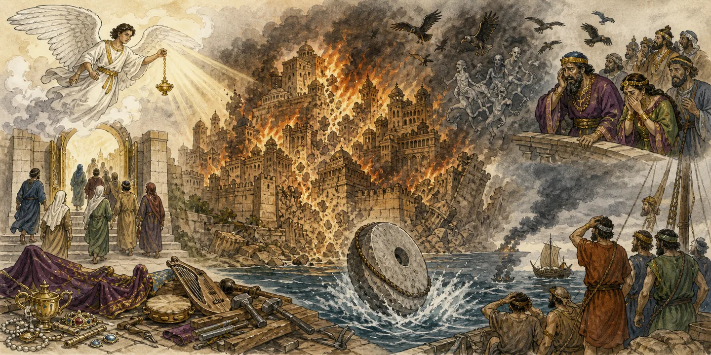 The fall of Babylon in one plate: The city falls a call to come out; Kings and merchants mourn at a distance; Heaven rejoices the millstone cast down; Music, craft and lamp heard and seen no more.