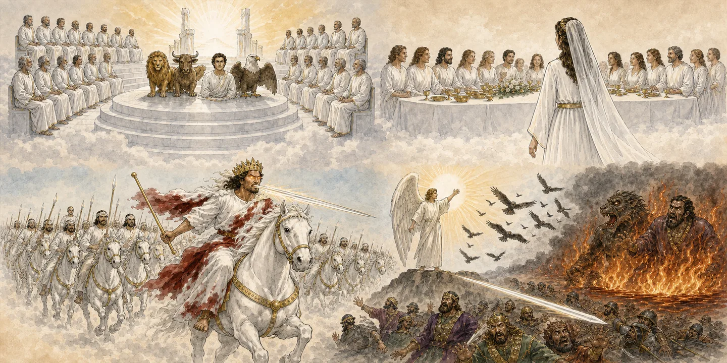 The rider on the white horse in one plate: Heaven praises elders and creatures worship; Marriage of the Lamb fine linen and supper; Heaven opens Faithful and True rides; The great supper beast and kings defeated.