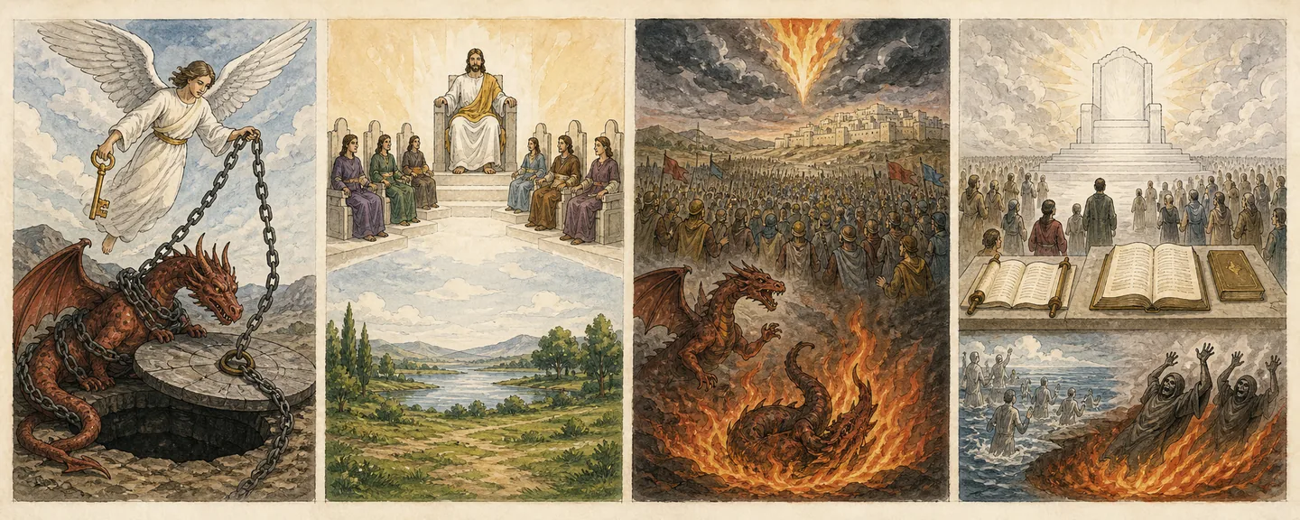 The dragon bound and the white throne in one plate: The dragon bound the abyss sealed; Thrones and martyrs the first resurrection; The dragon released Gog and Magog defeated; The great white throne books and book of life.