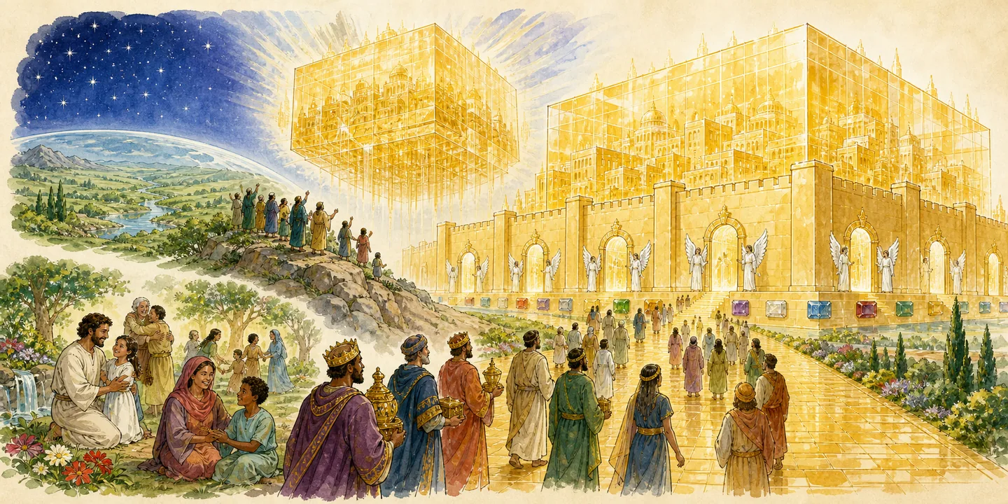 The new Jerusalem in one plate: New heaven and earth the city descends; Wall, gates foundations and measure; Gold, pearls and precious foundations; No temple or sun open gates and pure light.
