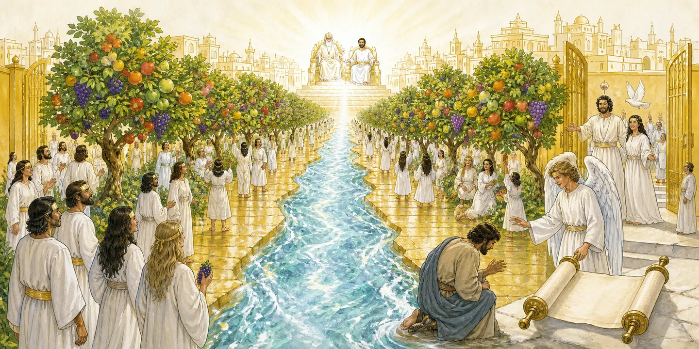 The river and the tree of life in one plate: River from the throne tree on both sides; The angel and John worship God; Jesus’ testimony coming with recompense; Spirit and bride invite the final warning.