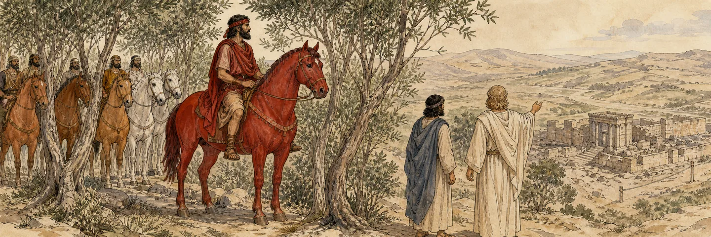 Horse patrol among the myrtles in one plate: Mounted man on a red horse among myrtle trees; The patrol reports the earth quiet and at rest; Mercy promised Jerusalem measured again.