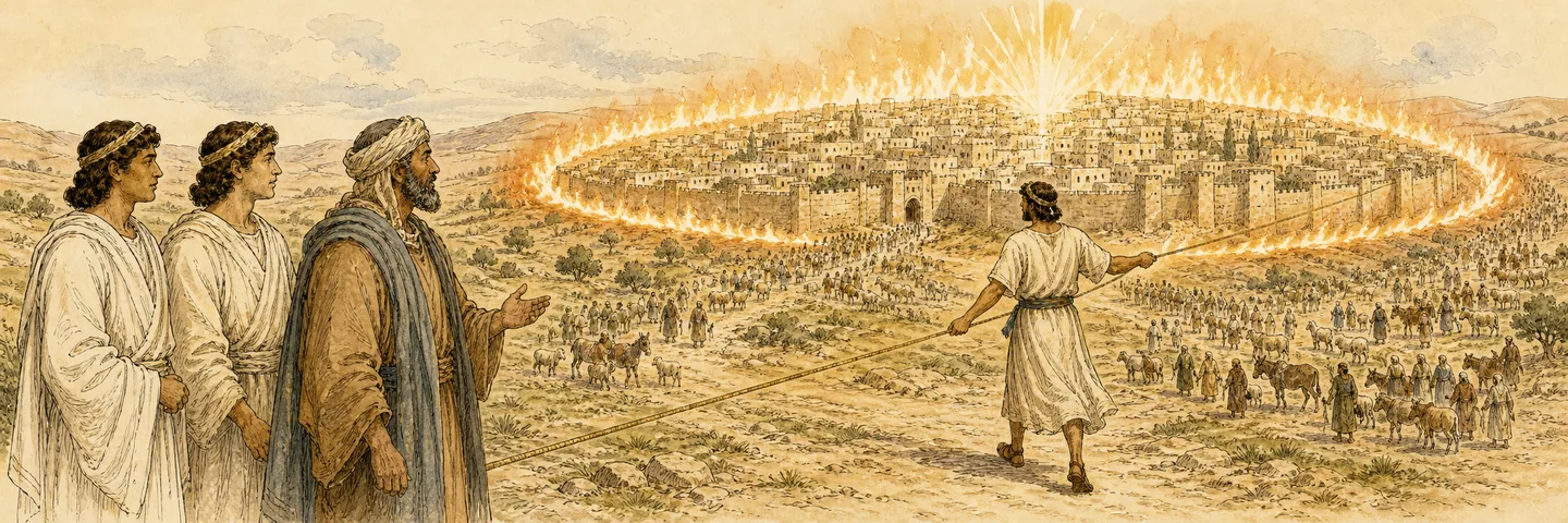 The measuring line and wall of fire in one plate: A man goes to measure Jerusalem; People and livestock overflow unwalled Jerusalem; A wall of fire around and glory within; Nations join themselves the LORD dwells in Zion.