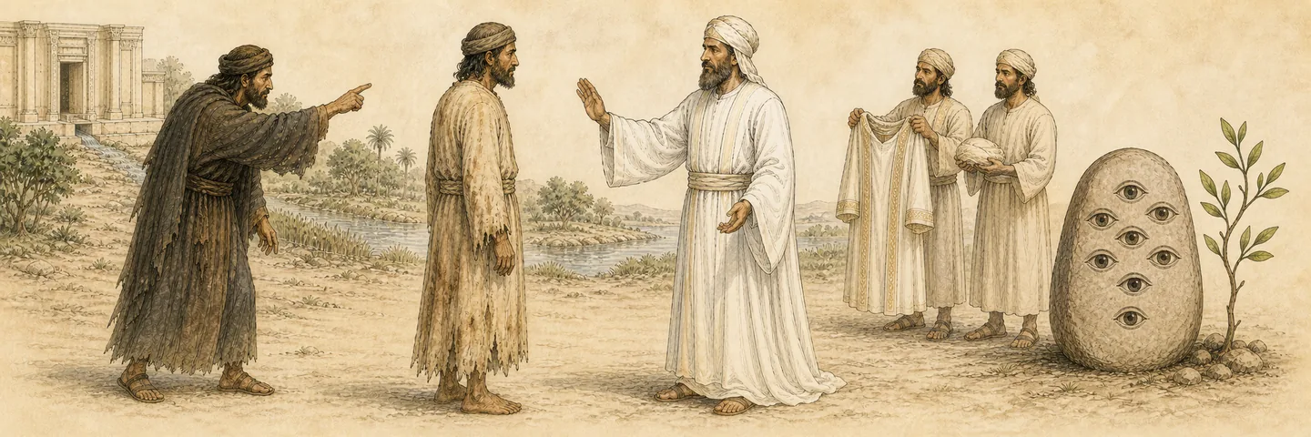 Joshua’s clean garments in one plate: Joshua before the angel the accuser at his right; Stained garments removed clean robes and turban given; Joshua charged to walk in the LORD’s ways; The Branch and one stone with seven eyes.