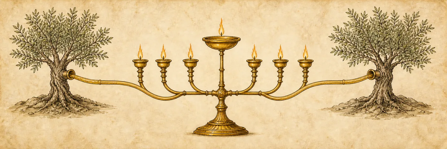 Lampstand and two olive trees in one plate: One golden lampstand seven lamps and a bowl; Seven pipes to each of the seven lamps; Two olive trees supply golden oil.