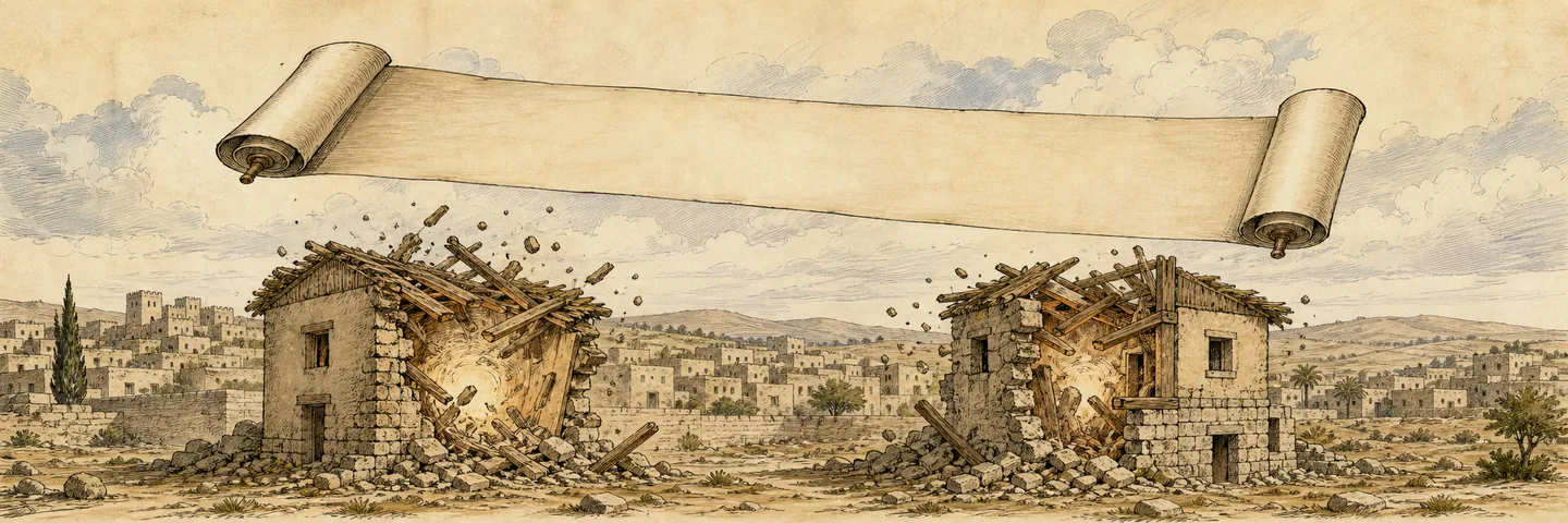 The flying scroll in one plate: One flying scroll twenty by ten cubits; The curse goes out against theft and false oaths; It enters the house and consumes timber and stone.