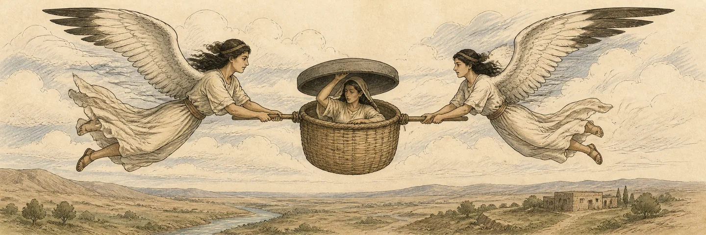 The woman in the ephah in one plate: One woman inside the ephah basket; A lead cover pressed over the opening; Exactly two winged women carry it toward Shinar.