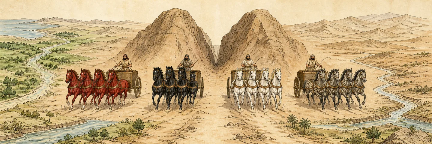 Four chariots from bronze mountains in one plate: Exactly four chariots between two bronze mountains; Red, black, white and dappled horse teams; The four winds go out through the earth.