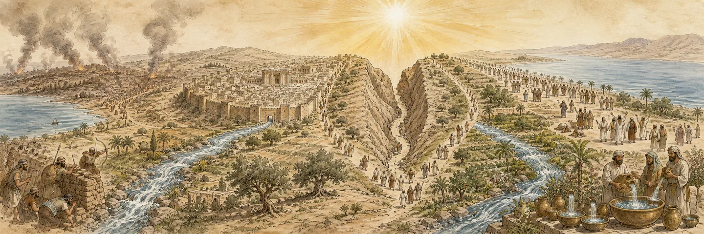 Split mountain and living waters in one plate: Jerusalem attacked the Mount of Olives splits; A unique luminous day living waters flow east and west; The land changes judgment strikes the attackers; Survivors worship ordinary vessels become holy.