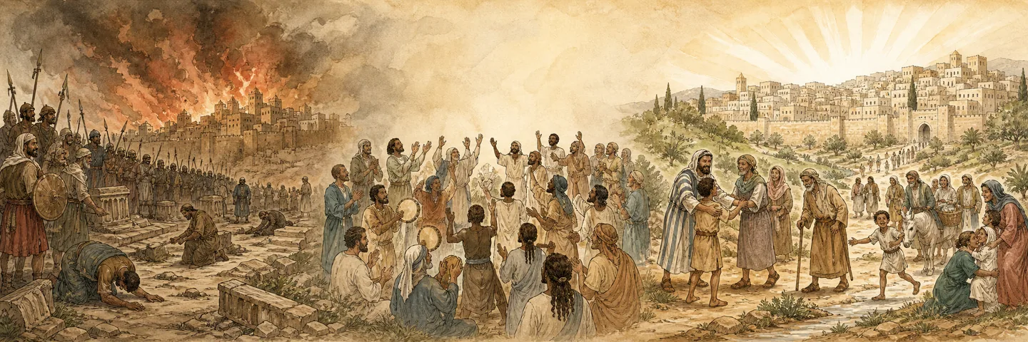 Purified peoples and gathered remnant in one plate: Nations assembled for consuming judgment; Purified speech a humble truthful remnant; Zion rejoices under the LORD’s protection; The lame and outcast gathered and brought home.