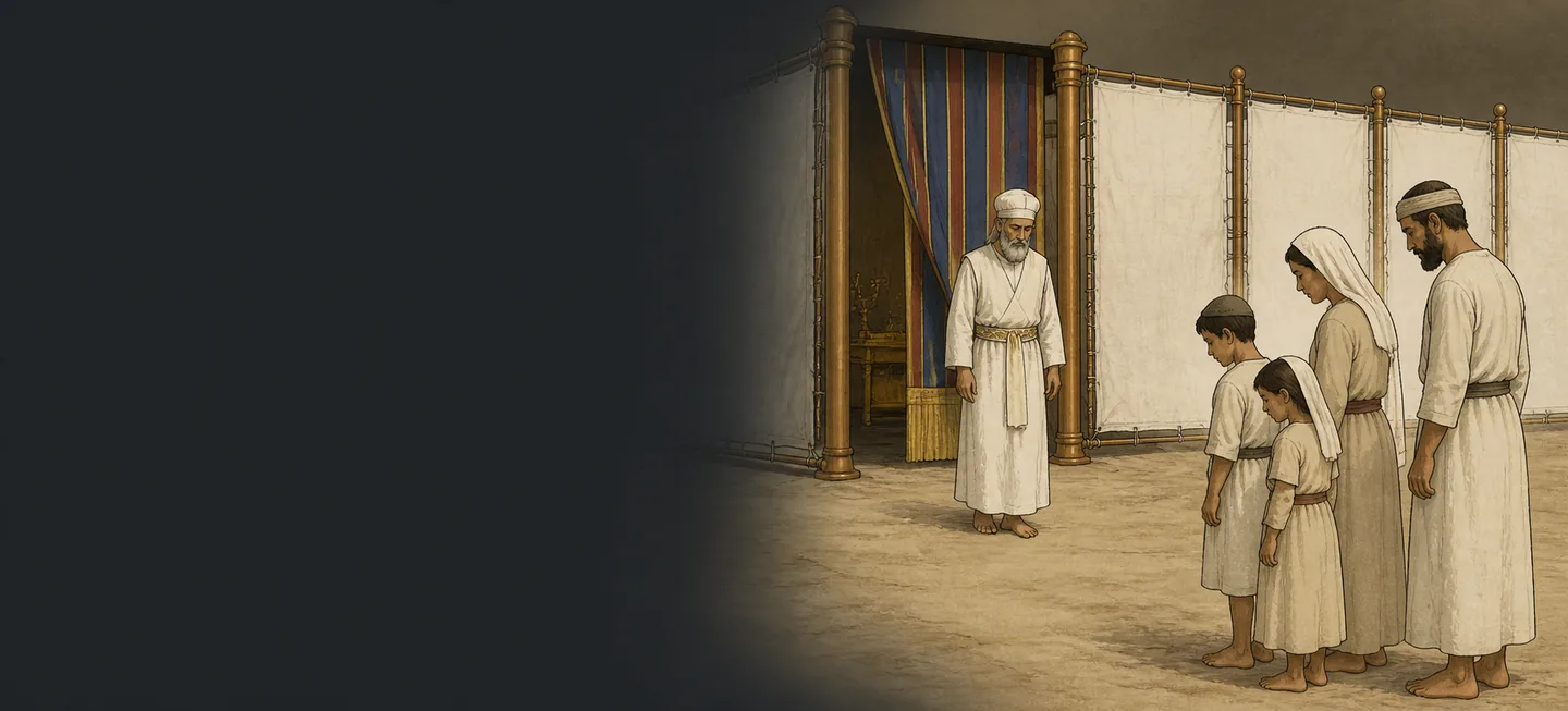 The high priest at the tabernacle entrance as a family passes outside the courtyard curtains.