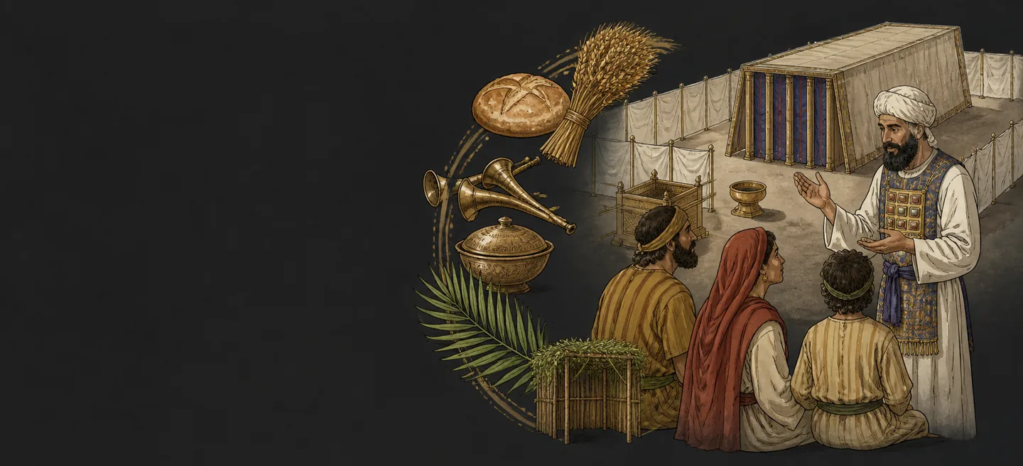 A priest teaching a family beside emblems of the feasts: bread, a sheaf of grain, silver trumpets and a covered dish.