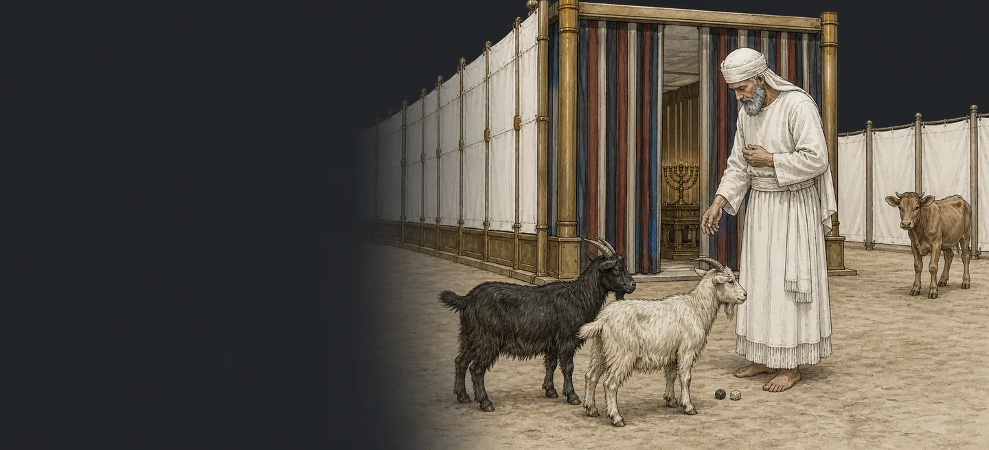 The high priest in plain linen standing before the tabernacle, a bull waiting behind him.