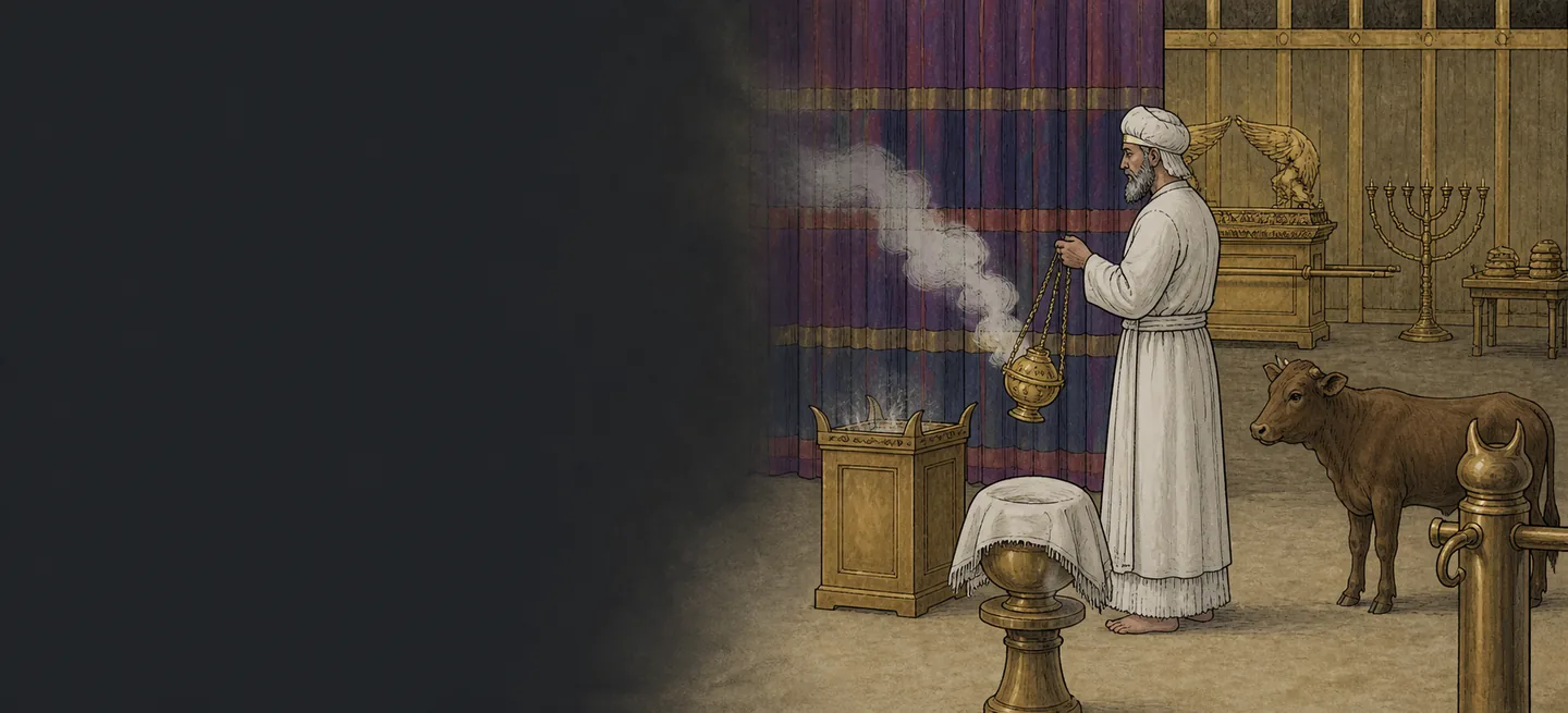 The high priest carrying a smoking censer past the veil, the ark of the covenant beyond it.